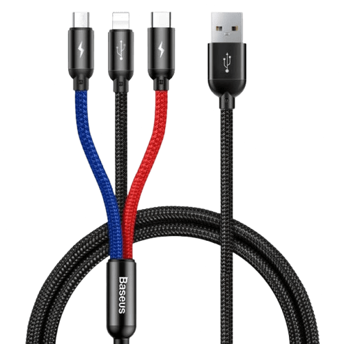 BASEUS THREE PRIMARY 1.2 METER USB TO M+L+C NYLON BRAID 3.5A CABLE (6 MONTHS WARRANTY)