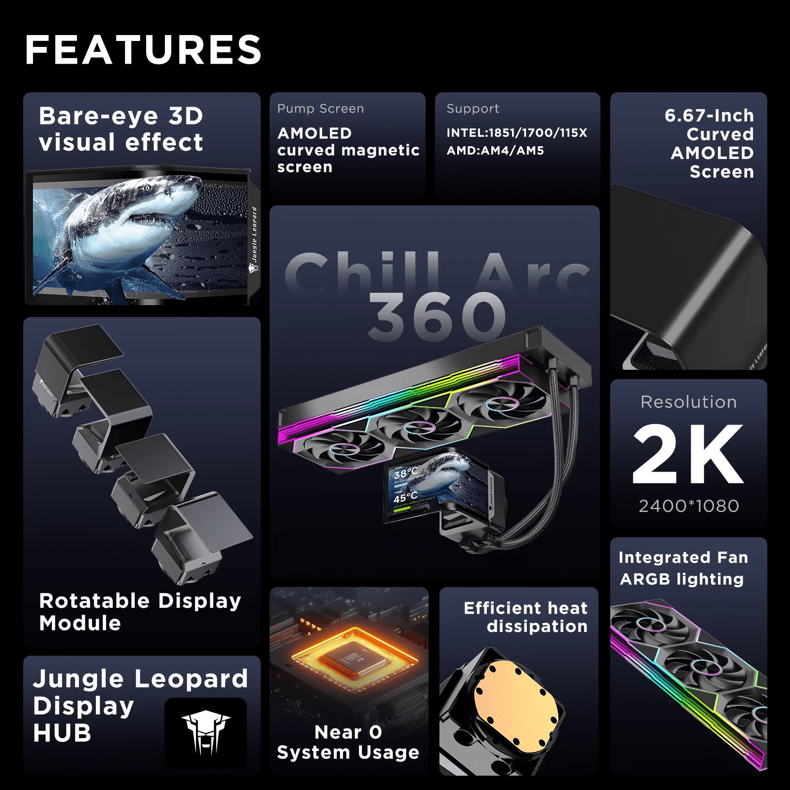 Jungle Leopard CHILL ARC CA360 LIQUID COOLER - BLACK (3 YEARS WARRANTY) Detail View